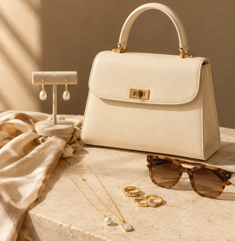 CREAM HANDBAGWITH GOLACCESSORIES